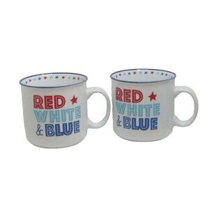 2 Prima Red, White & Blue Patriotic Ceramic Coffee Mugs 4"X4" New